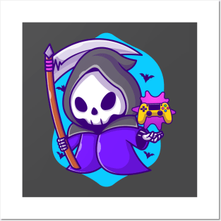 Cute Grim Reaper Gaming With Scythe Cartoon Posters and Art